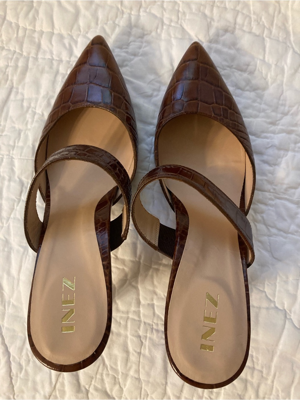 INEZ Brown Croc-Embossed Pointed-Toe Mules